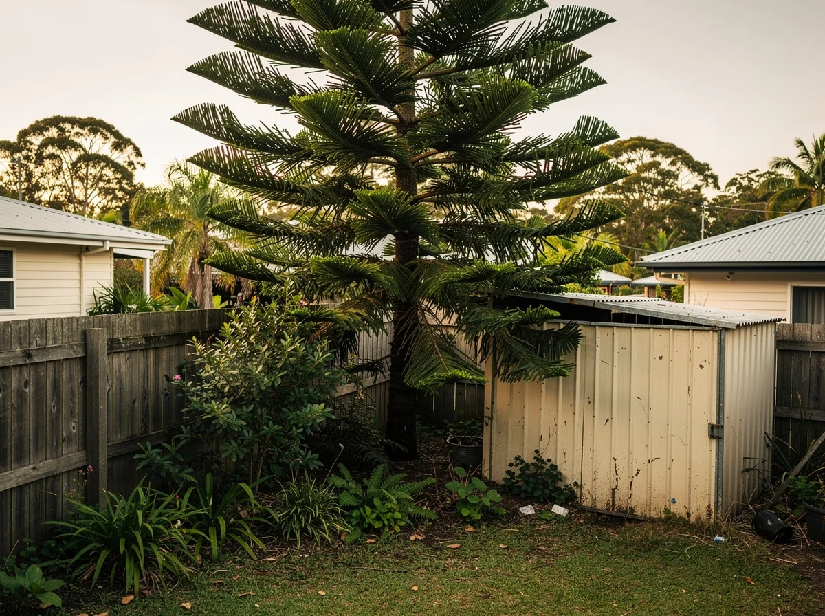 Cramped Bilambil Heights backyard with a large Hoop Pine before removal