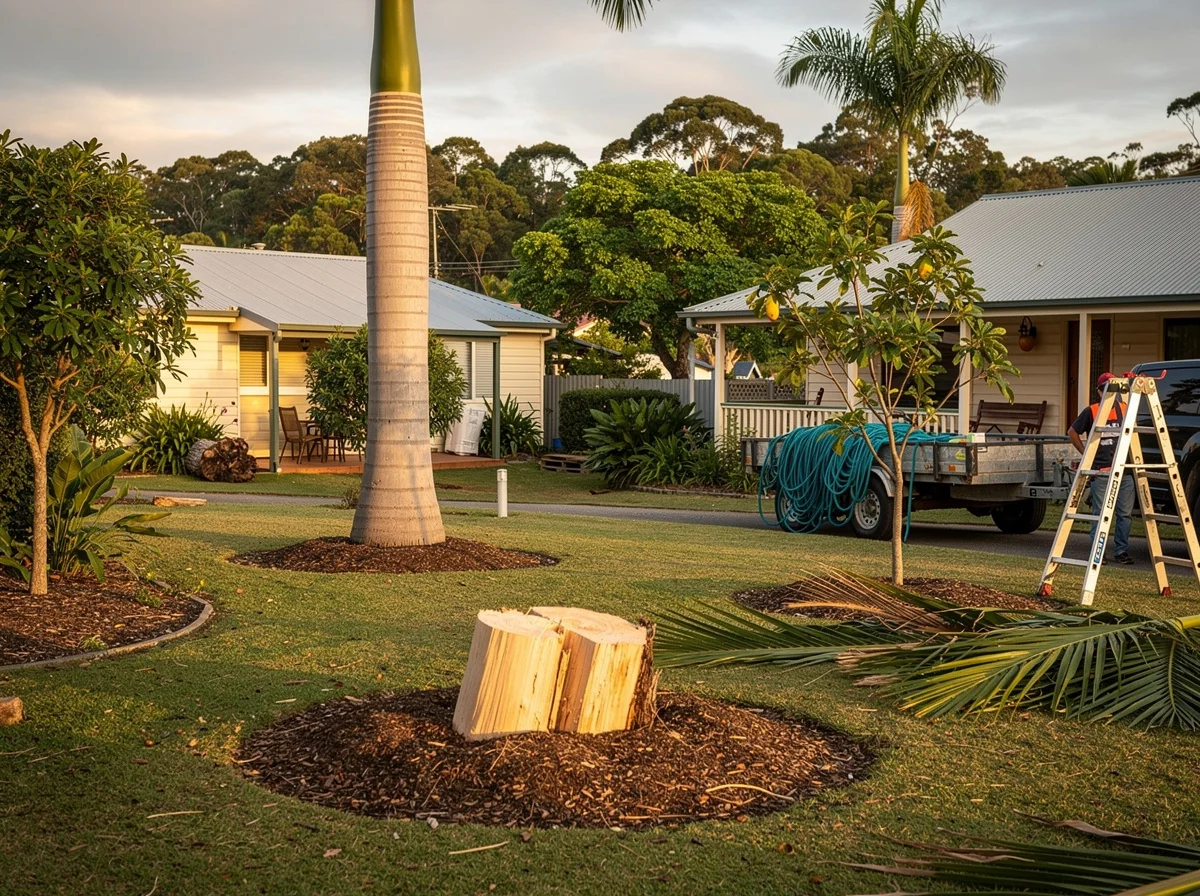 Established palms being removed and mulched on a Tweed Coast property, site left clean