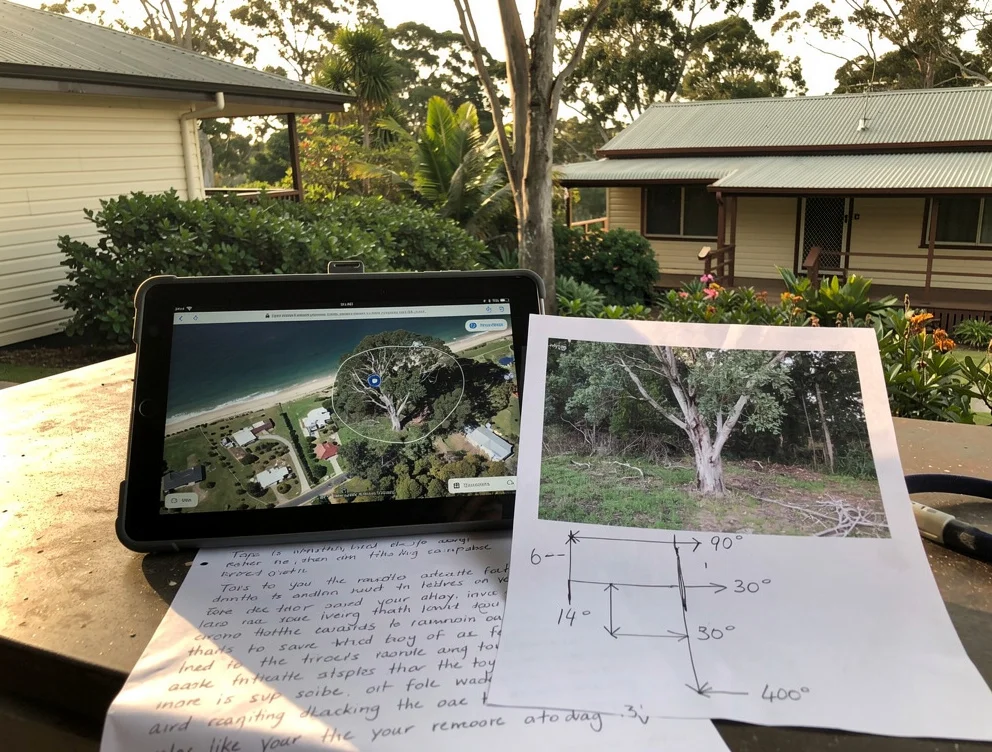 Example Tweed Coast Tree Surgeons written quote pack with annotated site photos, an overhead map and a fixed price